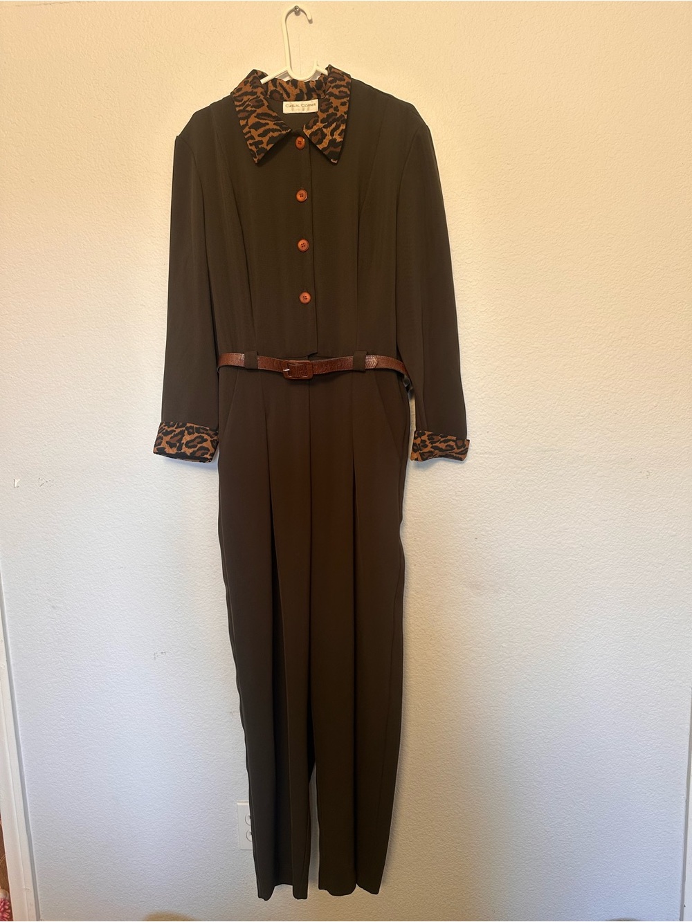 Vintage Casual Corner Brown Jumpsuit with Leopard Trim Size Large